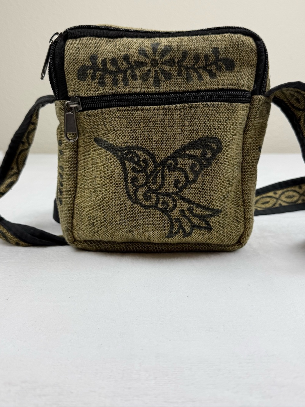 Handwoven Cotton Canvas Mustard Yellow Hummingbird Crossbody Messenger Bag